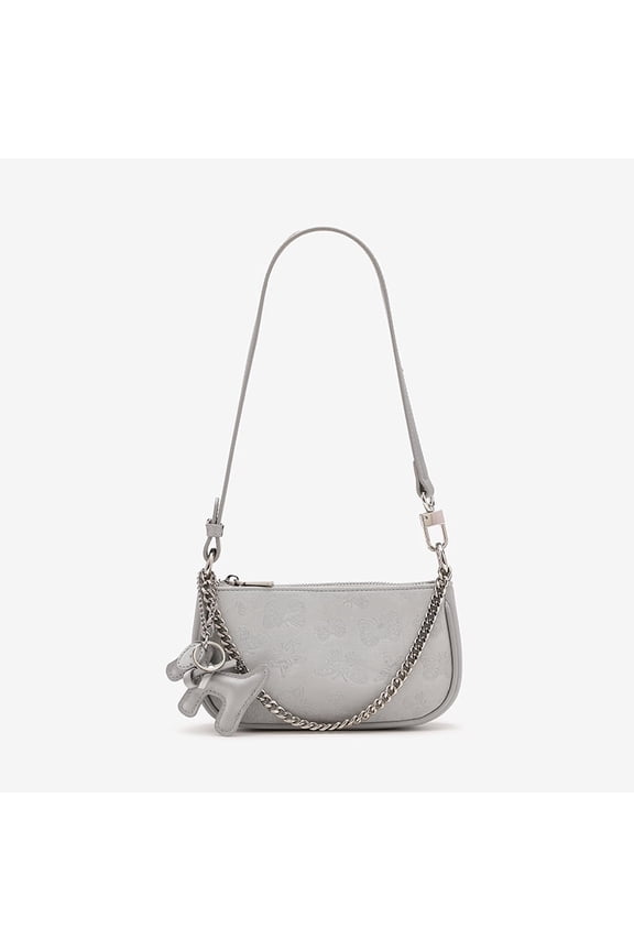 Adult's PU Embossed Butterfly Hobo Baguette Bag with Dual Strap Puppy Charm, Gray