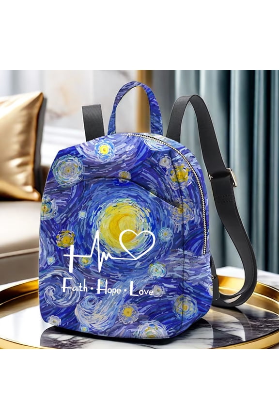Faith Hope Love Blue Starry Sky Van Gogh Oil Painting Pattern Y2k Mini Backpack For Women Small Backpack Purse For Ladies Cute Bookbag Travel Shoulder Bag With Charm