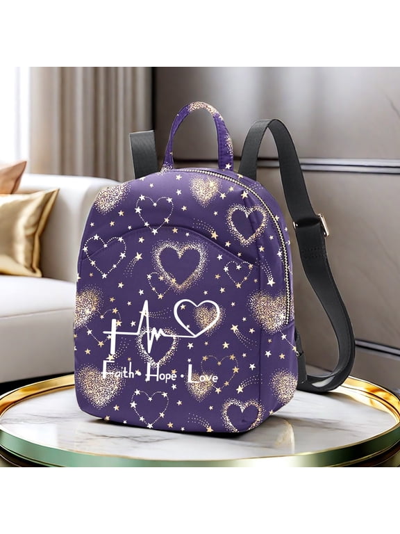 Faith Hope Love Purple Heart Pattern Y2k Mini Backpack For Women Small Backpack Purse For Ladies Cute Bookbag Travel Shoulder Bag With Charm