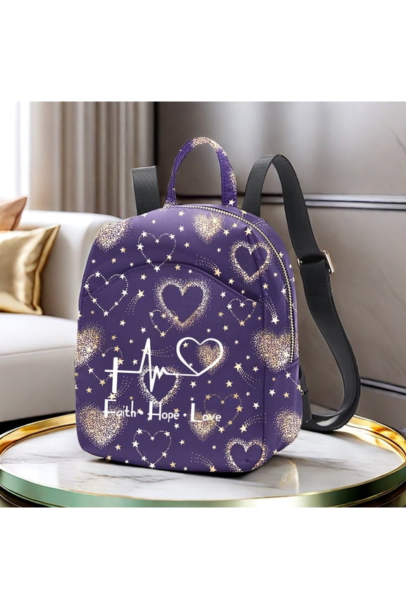 Faith Hope Love Purple Heart Pattern Y2k Mini Backpack For Women Small Backpack Purse For Ladies Cute Bookbag Travel Shoulder Bag With Charm