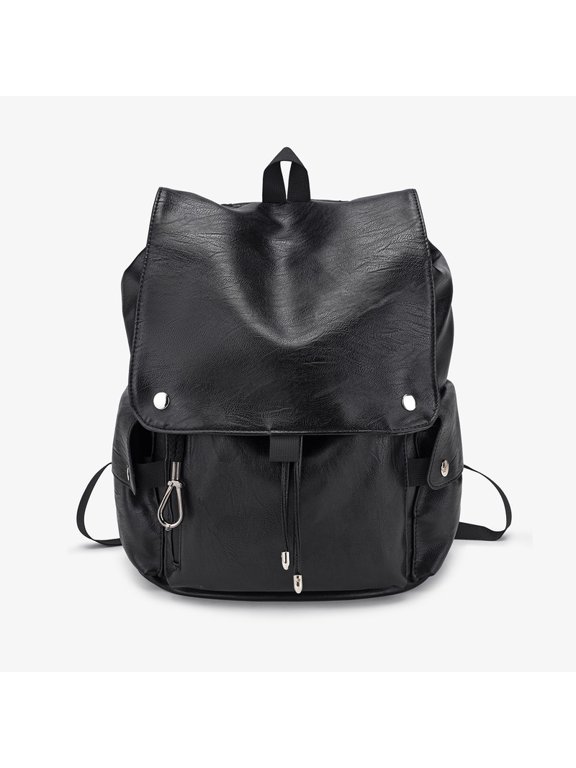 Faux Leather Flap Backpack, Black, Large Capacity Drawstring Laptop Backpack, Multi Carry Ways Handheld Shoulder Rucksack for Work Travel School