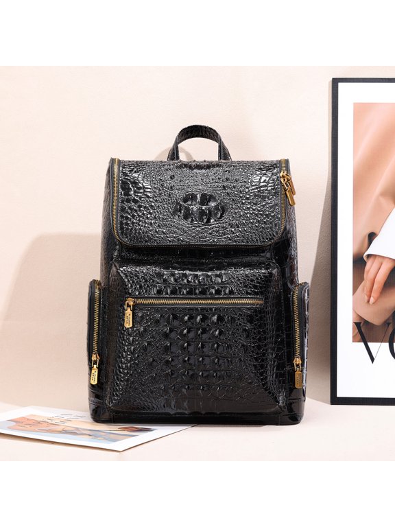 Glossy Embossed Flap Backpack, Gold Zipper Multi-Side Pocket Travel Daypack, Solid Black