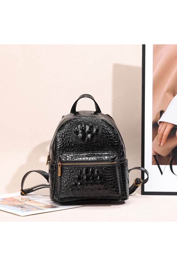 Glossy Embossed Texture Mini Backpack, Gold Zipper Multi-Pocket Casual Daypack, Solid Black