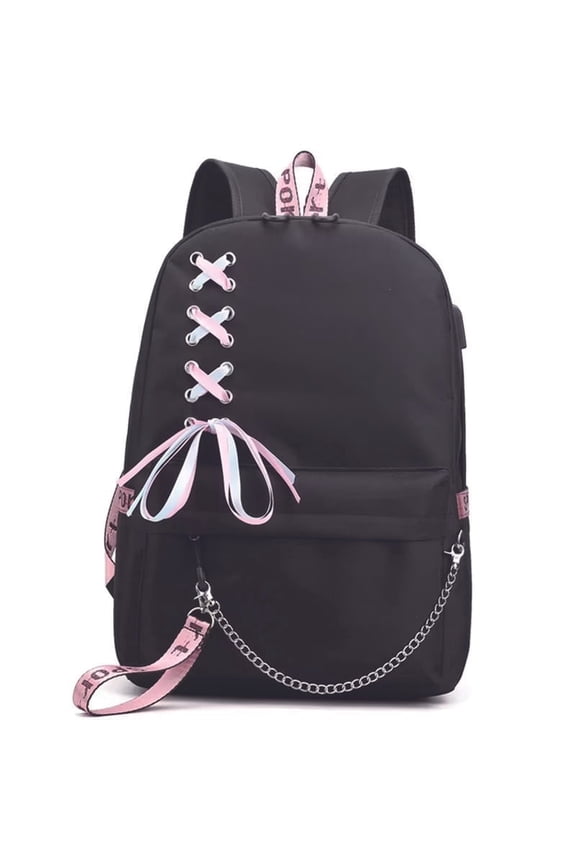 Gothic Ribbon Chain USB Charging Port Polyester School Backpack, Black