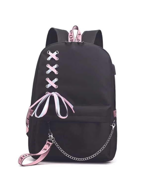 Gothic Ribbon Chain USB Charging Port Polyester School Backpack, Black
