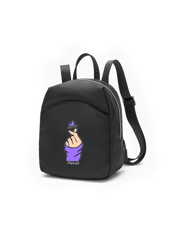 I Purple You Mini Backpack Purse, Black Y2K Small Daypack with Finger Heart Graphic for Women