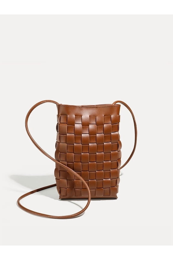 Intrecciato Weave PU Mini Bucket Crossbody Bag, Slim Single Strap Purse for Women, Brown