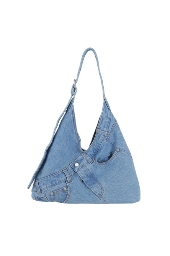 Jeans Spliced Washed Denim Hobo Shoulder Bag, Adjustable Rivet Strap Casual Large Capacity Tote, Light Blue Wash