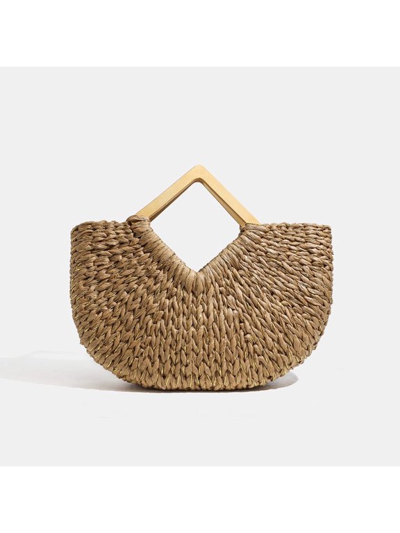 Paper Straw Woven Tote Bag Handheld Purse, Khaki