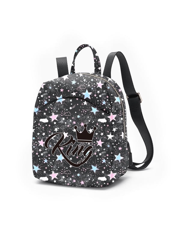King Star Print Mini Backpack Purse, Black Y2K Small Daypack with Crown & Star Design, Adjustable Straps for Women