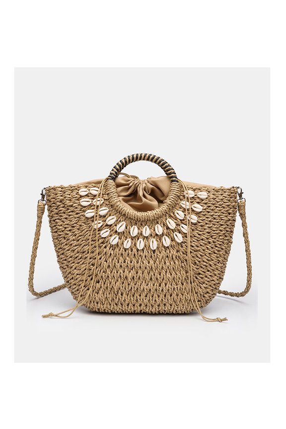 Large Paper Straw Shell Beach Tote Bag, Handheld Crossbody Purse, Off White Brown
