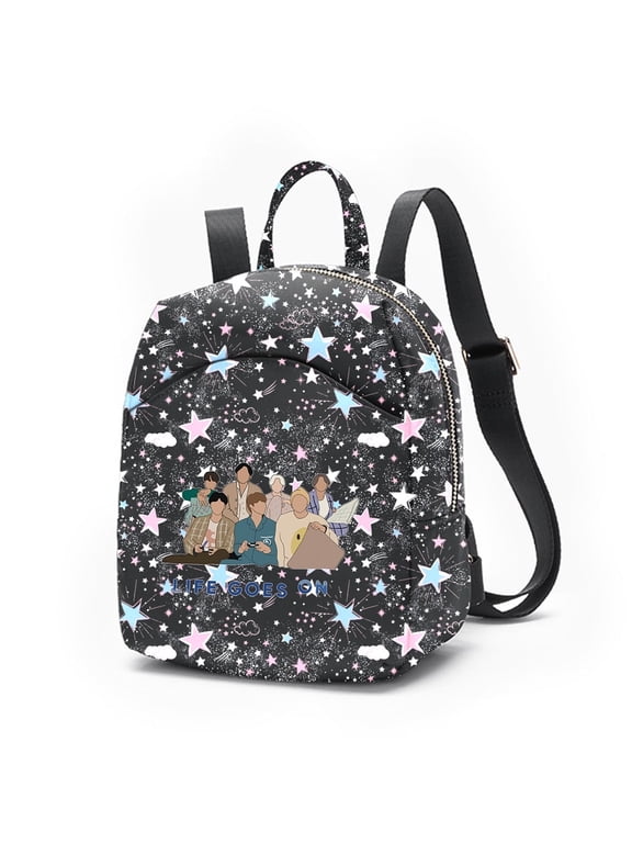 Life Goes On Star Print Mini Backpack Purse, Black Galaxy Y2K Small Daypack with Group Graphic for Women