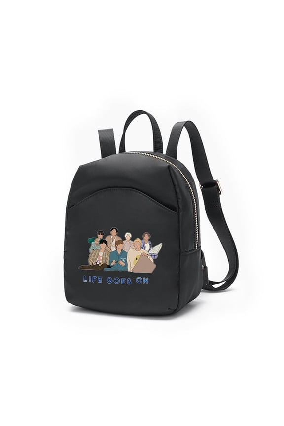 Life Goes On Mini Backpack Purse, Black Nylon Small Daypack with Art Print, Adjustable Straps for Women