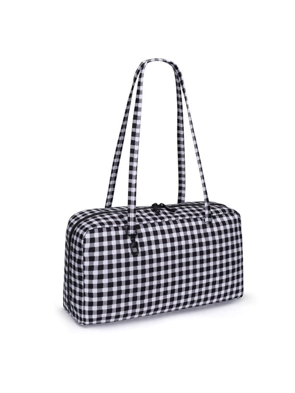 Women's Adjustable Gingham Nylon Messenger & Shoulder Bag, Black