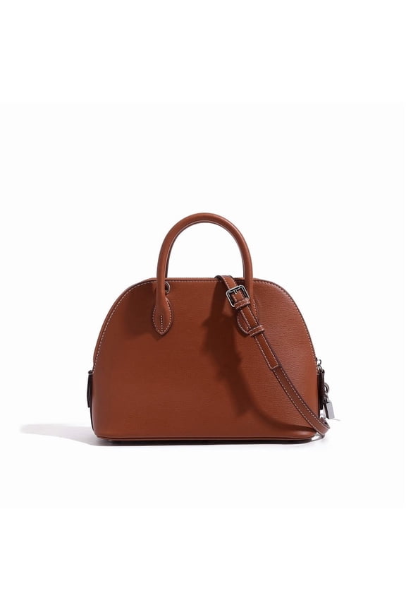 Medium Dome Shell Handbag, 2 Ways Hand Crossbody Leather Purse, Caramel Brown