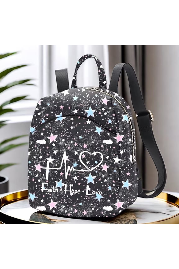 Faith Hope Love Star Print Mini Backpack Purse, Black Galaxy Y2K Small Daypack with Heartbeat Graphic for Women