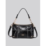 Alikpop Oil Wax PU Grid Stitch Mini Baguette Bag, 2 Straps Shoulder Crossbody Handbag for Women, Black