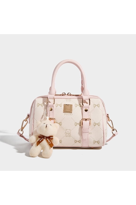 Women's PU Bow Bear Print Hobo Handbag, with Strap, Charm, Pink