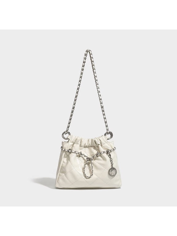 Quilted Drawstring Mini Bucket Bag Metal Chain Strap Crossbody Shoulder Purse For Women Off White