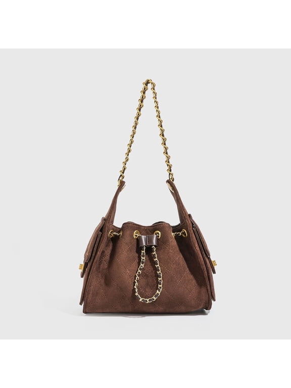 Coffee Quilted Suede Versatile Accessory Drawstring Chain Bucket Bag, Casual Leisure Outing Single Shoulder Handheld Wrist Purse for Women