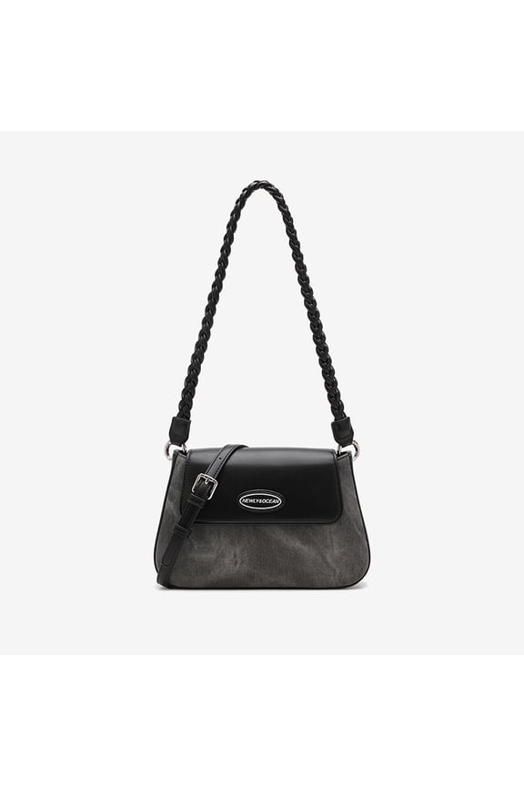 Spliced Washed Denim Mini Flap Bag, Dual Braided Straps Crossbody Purse, Grey Black