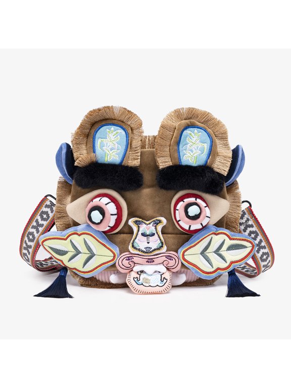 Traditional Embroidered Tiger Head Crossbody Bag, 3 Ways Hand Shoulder Purse with Wide Strap, Khaki