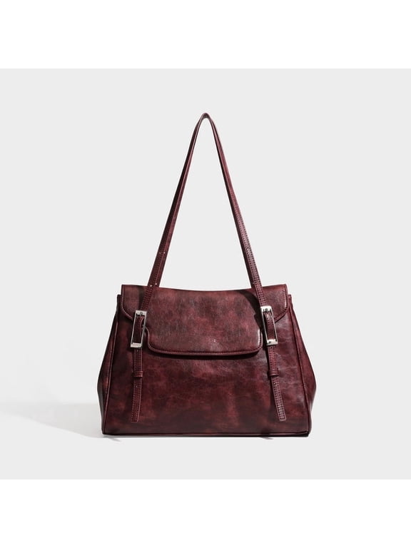 Vintage Flap Shoulder Tote Bag, Faux Leather Satchel Handbag for Women, Single‑Shoulder Top Handle Purse, Wine Red