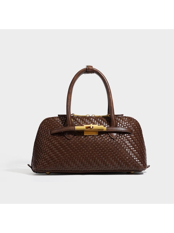 Vintage Woven PU Boston Handbag Multi Carry Crossbody Shoulder Bag For Women Coffee Brown