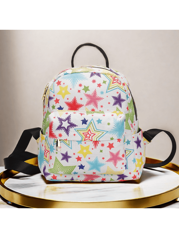 Star Print Mini Backpack Purse, White Multicolor Y2K Small Daypack with Pentagram Graphic for Women
