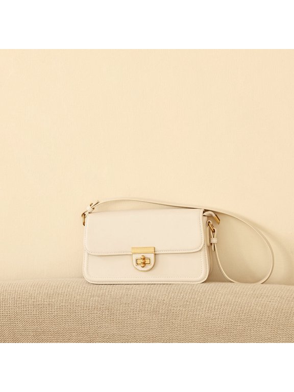 Women Small Square Shoulder Bag, 2 Detachable Shoulder Straps, Flip Lock Crossbody Handbag for Dating Daily Work, Off‑White