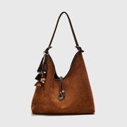 Alikpop Women Soft Faux Suede Hobo Shoulder Bag, Medium Large Vintage Underarm Handbag with Detachable Zipper Inner Pocket for Daily Commute Shopping Caramel