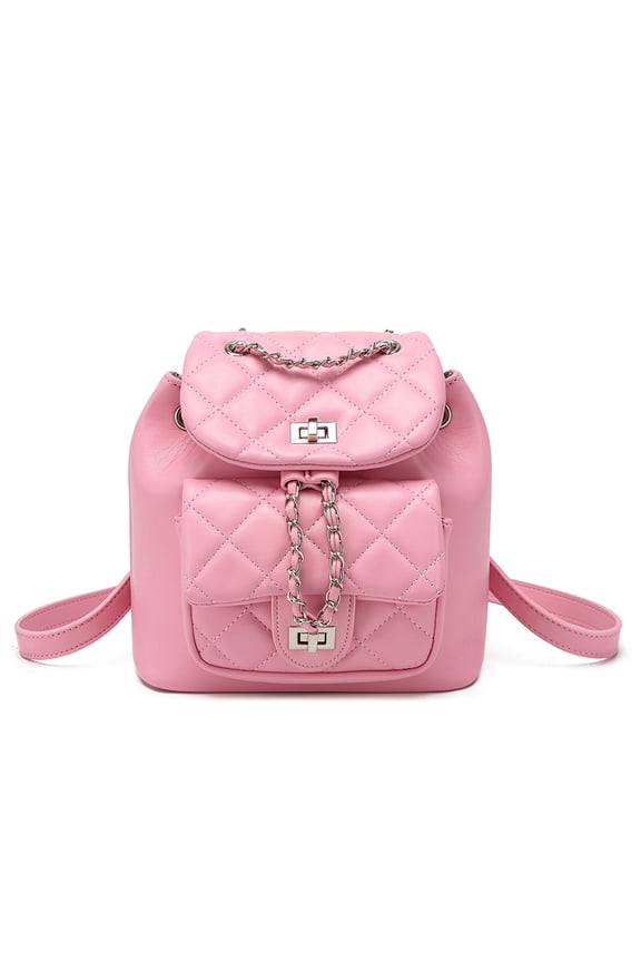 Women's Pink Quilted PU Backpack, Silver Chain Flap Mini Shoulder Bag for Daily