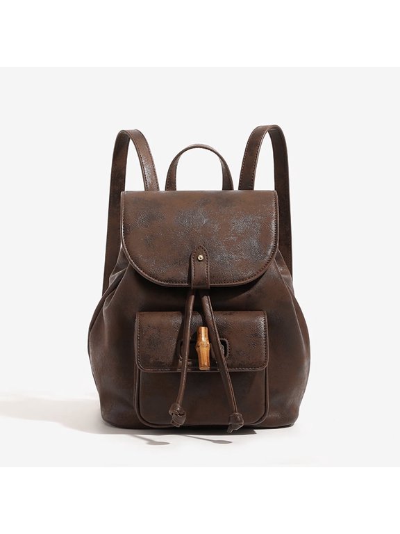 Women's Vintage Brown Distressed PU Drawstring Flap Backpack, Bamboo Toggle Closure Casual Daypack for Travel Daily School