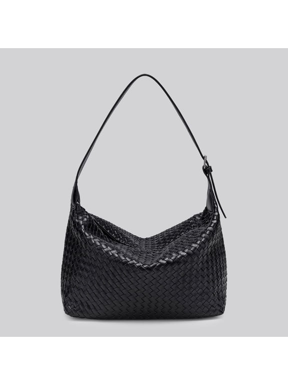 black woven hobo shoulder bag with adjustable strap for women