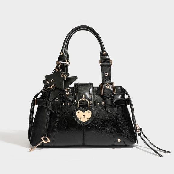 Alikpop vintage waxed pu heart lock rivet boston handbag multi carry styles for women black