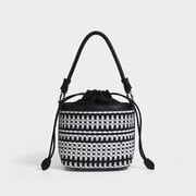 Alikpop woven check drawstring bucket bag braided handle crossbody handbag for women black