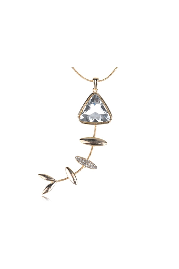 Alilang Abstract Golden Tone Clear Crystal Rhinestone Fishbone Shape Pendant Necklace