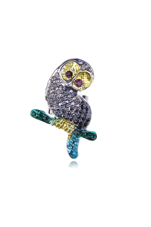 Abstract Green Eye Enamel Encrusted Crystal Rhinestone Owl Perch Adjustable Ring