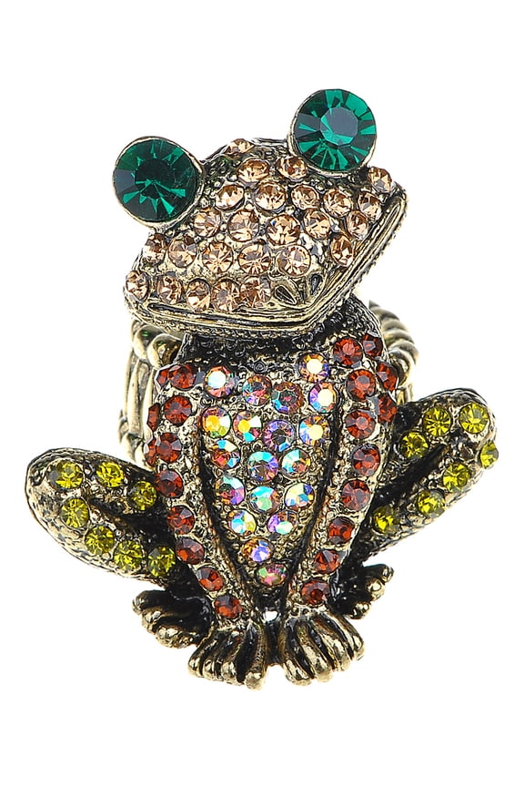 Adjustable Antique Golden Tone Multicolored Rhinestones Frog Toad Ring