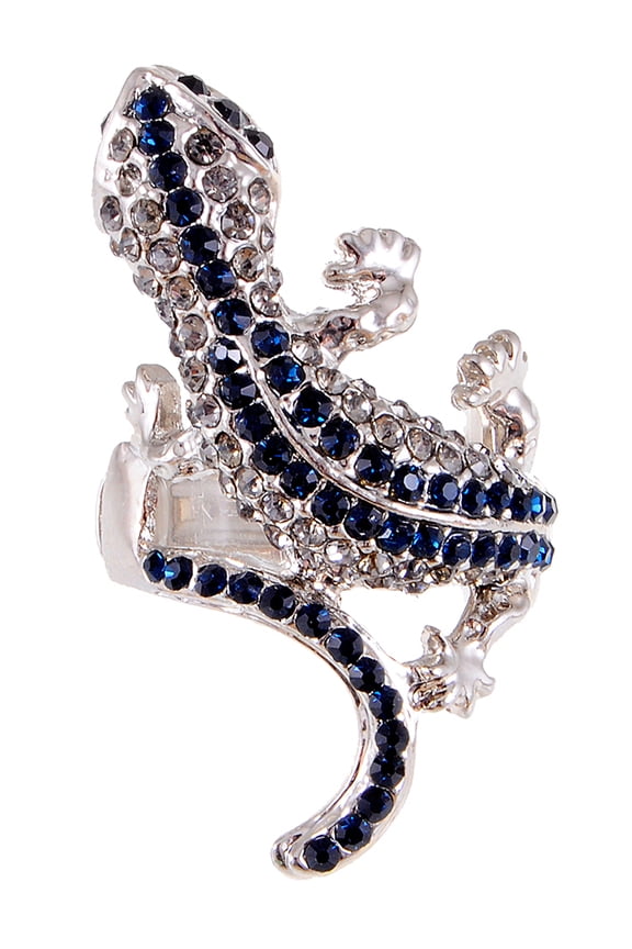 Adjustable Silvery Tone Dark Blue Rhinestones Lizard Reptile Ring