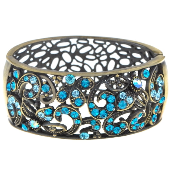 Alilang Antique Paisley Vine Blue Synthetic Sapphire Zircon Crystal Rhinestone Cuff Bangle Bracelet