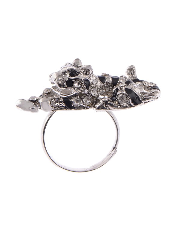 Antique Silvery Crouching Panther Black Enamel Jaguar Statement Ring