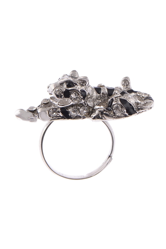 Antique Silvery Crouching Panther Black Enamel Jaguar Statement Ring