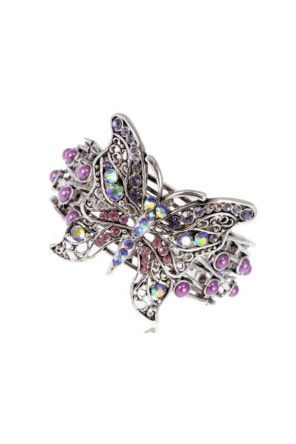 Antique Silvery Tone Iridescent Aurora Borealis Purple Rhinestones Butterfly Cuff Bracelet