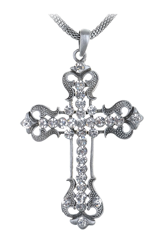 Alilang Beautiful Intricate Silvery Tone Clear Crystal Rhinestone Cross Pendant Necklace