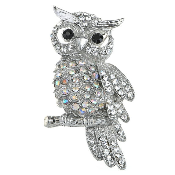 Alilang Crystal Rhinestone Perched Owl Silvery Tone Pin Brooch