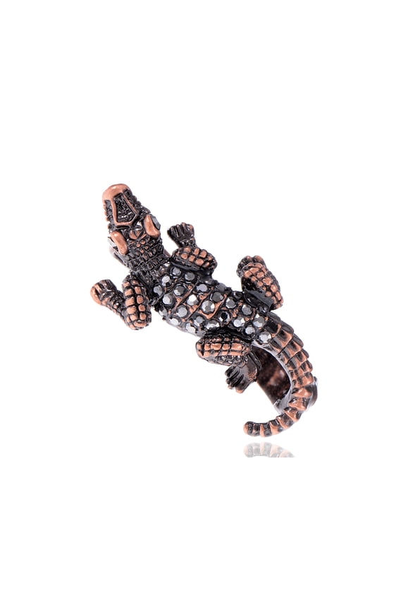 Fashion Brass Tone Black Rhinestone Crocodile Animal Two Fingers Ring