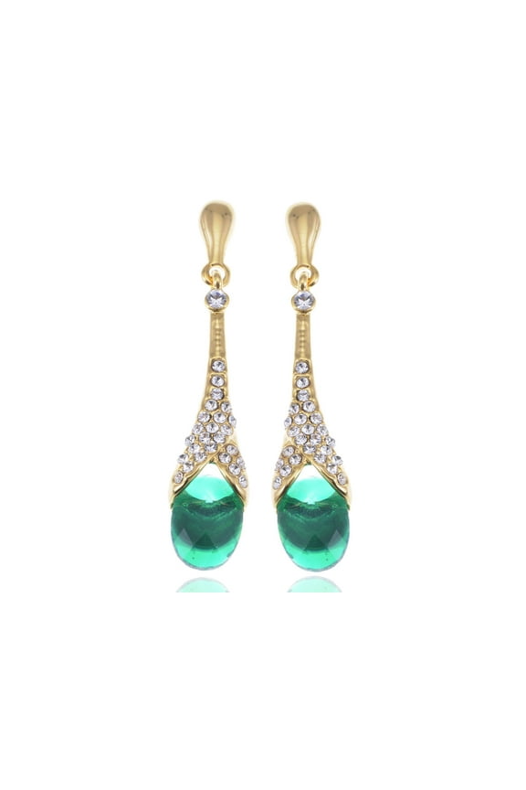 Alilang Golden Tone Clear Rhinestone Emerald Stone Fancy Drop Fashion Earrings