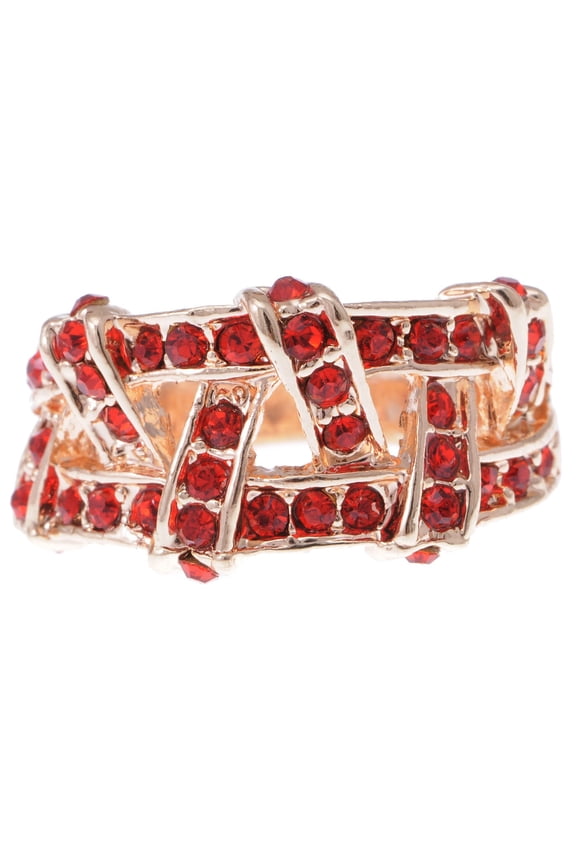 Golden Tone Faux Synthetic Ruby Embedded Simple Criss Cross Design Fashion Ring