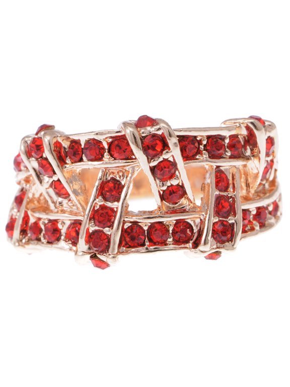 Golden Tone Faux Synthetic Ruby Embedded Simple Criss Cross Design Fashion Ring